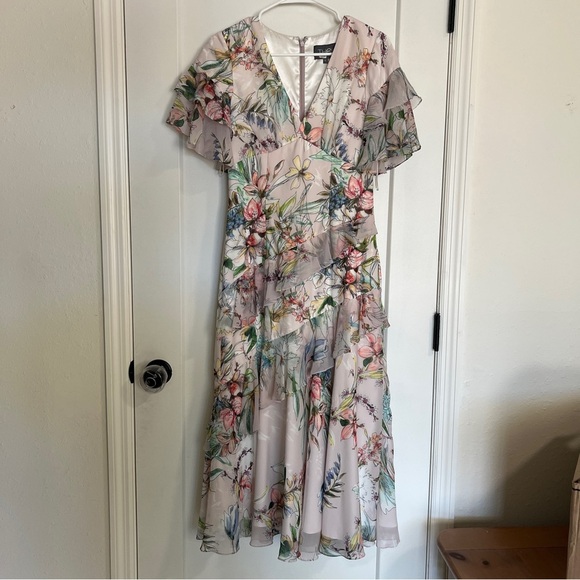 Theia Blush Floral Ruffle Dress - Picture 1 of 9